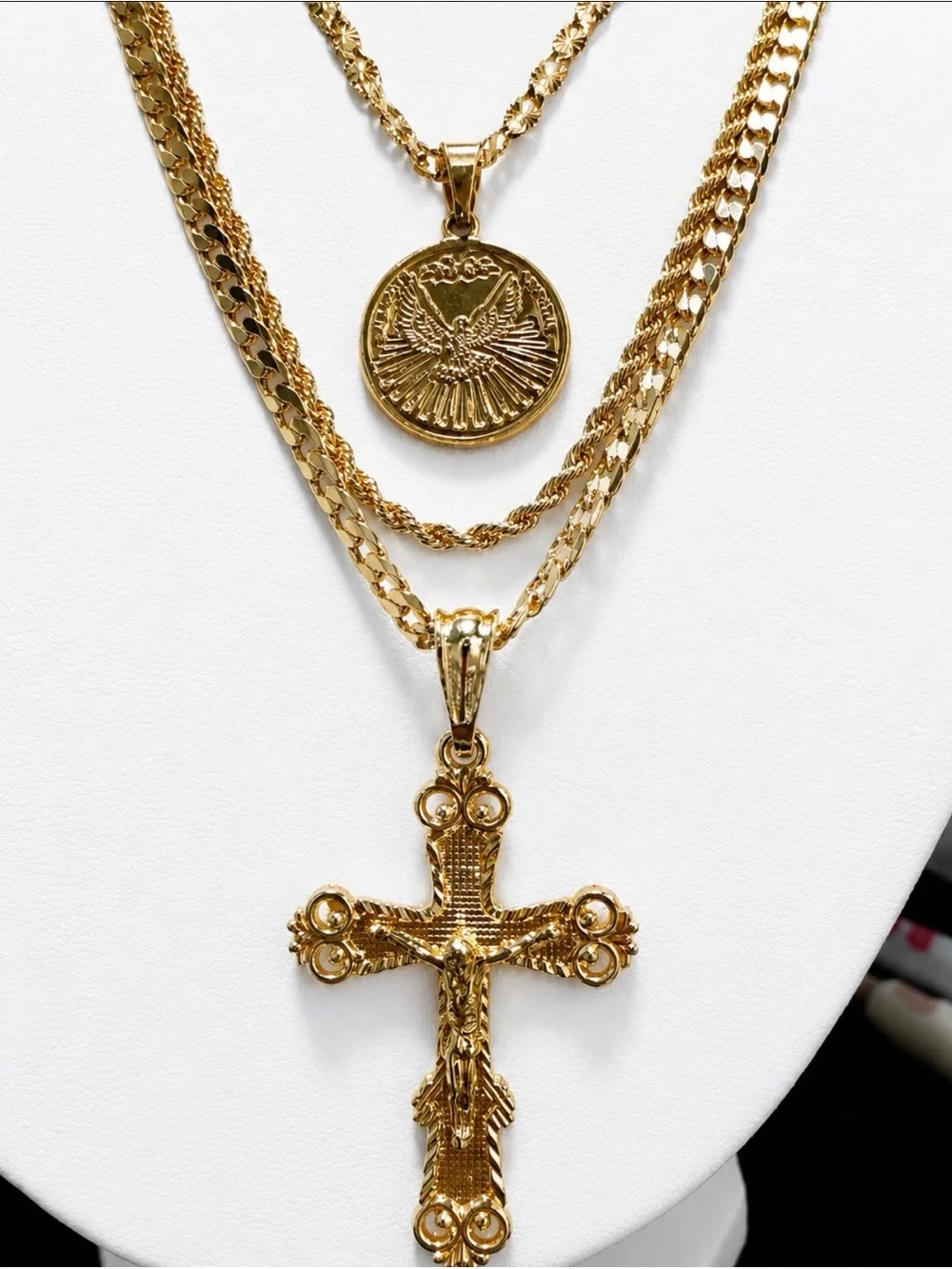 Gold plated Cross & Coin Layered mens Necklace Set christian  gift